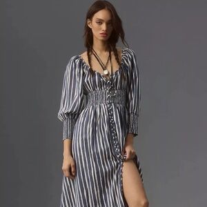 New By Anthropologie Long-Sleeve Sweetheart Midi Dress Blue $178  SZ S